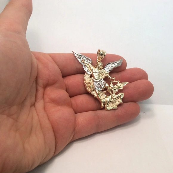 10k Yellow Real Gold Solid Saint 2 Tone Michael Archangel and the Devil Pendant - Picture 6 of 8